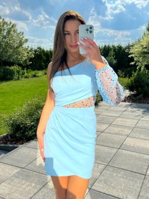 Zdjęcie produktu Dafne sukienka błękitna na jedno ramię z cekinami dopasowana mini niebieska PERFE
