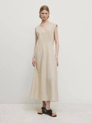 Zdjęcie produktu Długa Sukienka Ze 100% Lnu Ze Stębnowaniem - Beżowy - - Massimo Dutti - Kobieta