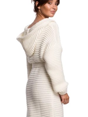 Zdjęcie produktu Długi sweter z kapturem i paskiem ciepła gruba przędza chunky ecru Polskie swetry
