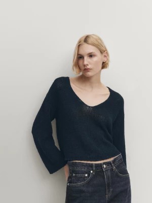 Zdjęcie produktu Dzianinowy Sweter Z Dekoltem W Serek Z Lnianej Mieszanki - Ciemnoniebieski - - Massimo Dutti - Kobieta