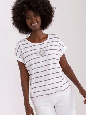 Zdjęcie produktu Ecru-brązowa bluzka damska w paski z aplikacjami RELEVANCE