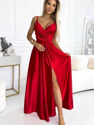 Zdjęcie produktu Amada Elegancka długa satynowa suknia z dekoltem i rozcięciem na nogę - CZERWONA Merg