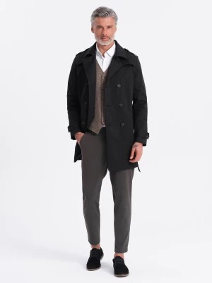 Zdjęcie produktu Elegancki płaszcz męski trencz SLIM FIT z paskiem - czarny V2 OM-COSC-0111
 -                                    S
