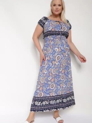 Zdjęcie produktu Fioletowa Bawełniana Sukienka z Gumką w Talii i Wiązanym Dekoltem Emetta