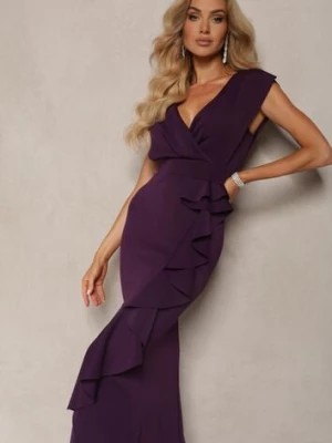 Zdjęcie produktu Fioletowa Elegancka Sukienka Długa o Asymetrycznym Fasonie z Dekoltem w V i Falbaną Efimea