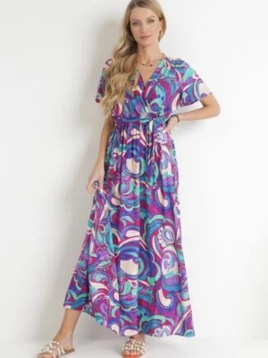 Zdjęcie produktu Fioletowa Kopertowa Sukienka Maxi z Wiskozy z Gumką w Pasie Quina