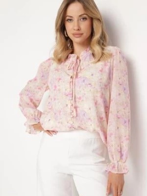 Zdjęcie produktu Różowa Koszula z Delikatnym Kwiatowym Wzorem i Wiązaniem Przy Dekolcie Viralla