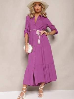 Zdjęcie produktu Fioletowa Koszulowa Sukienka Maxi z Bawełny Junira