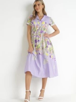 Zdjęcie produktu Fioletowa Koszulowa Sukienka w Kwiaty z Paskiem Islaine