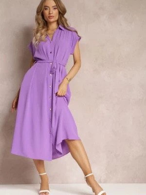 Zdjęcie produktu Fioletowa Koszulowa Sukienka z Krótkimi Rękawami i Wiązanym Paskiem Denalia
