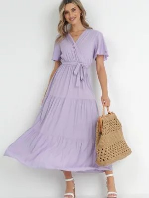 Zdjęcie produktu Fioletowa Rozkloszowana Sukienka Maxi z Wiązanym Paskiem Japhelia