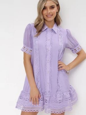 Zdjęcie produktu Fioletowa Koszulowa Sukienka Mini z Koronką i Perłowymi Guzikami Isira
