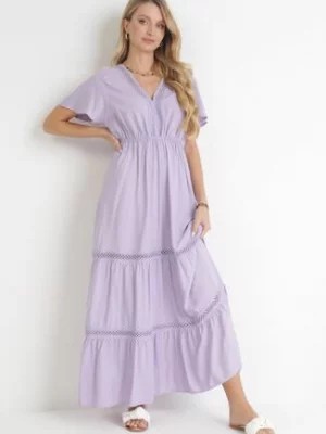 Zdjęcie produktu Fioletowa Sukienka Maxi z Gumką w Pasie i Koronkowymi Wstawkami Anandia