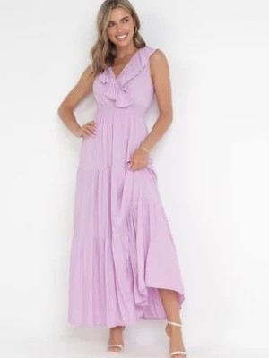 Zdjęcie produktu Fioletowa Sukienka Maxi z Marszczoną Gumką w Pasie i Wiązaniem na Plecach Vaida