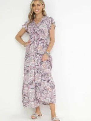 Zdjęcie produktu Fioletowa Sukienka z Wiskozy w Etno Wzór z Gumką w Talii Munira