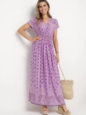 Zdjęcie produktu Fioletowa Wiskozowa Sukienka Maxi o Kopertowym Kroju w Ornamentalny Print Racida