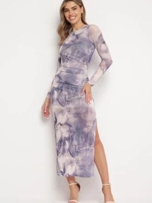 Zdjęcie produktu Fioletowo-Beżowa Dopasowana Sukienka Maxi z Przeźroczystego Materiału z Wycięciem Olerai