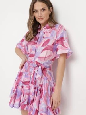 Zdjęcie produktu Fioletowo-Różowa Sukienka Rozkloszowana z Falbankami i Paskiem Aquamar