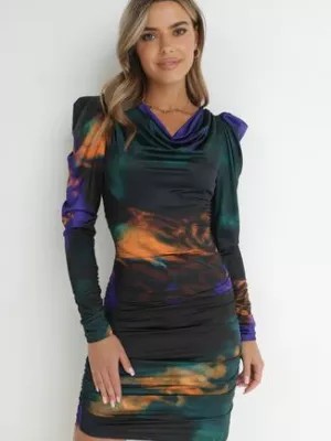 Zdjęcie produktu Fioletowo-Zielona Sukienka Tie-Dye z Bufiastym Rękawem Haki