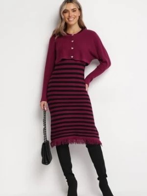 Zdjęcie produktu Fioletowy 2-Częściowy Komplet Midi Sukienka w Paski z Frędzlami i Krótki Kardigan z Cyrkoniami Emoncja