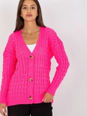 Zdjęcie produktu Fluo różowy ażurowy sweter rozpinany z guzikami RUE PARIS