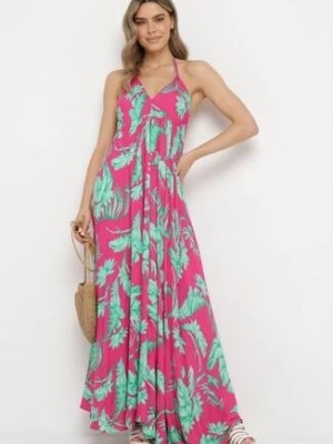 Zdjęcie produktu Fuksjowa Letnia Sukienka Maxi w Kwiatowy Wzór o Rozkloszowanym Dole z Wiskozy Heviana