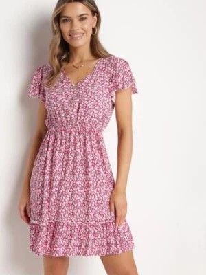 Zdjęcie produktu Fuksjowa Sukienka Bawełniana z Gumką w Pasie i Drobnym Wzorem w Kwiaty Napenia