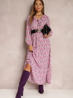 Zdjęcie produktu Fuksjowa Sukienka z Falbanką przy Dekolcie i Szeroką Gumką w Pasie Pshibih