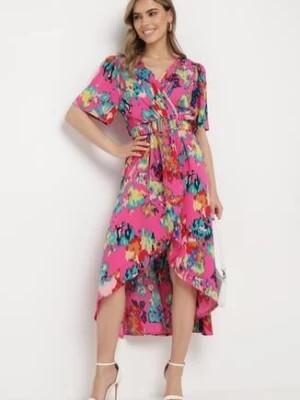 Zdjęcie produktu Fuksjowa Sukienka z Kopertowym Dekoltem i Asymetrycznym Dołem z Gumką w Talii Coralen