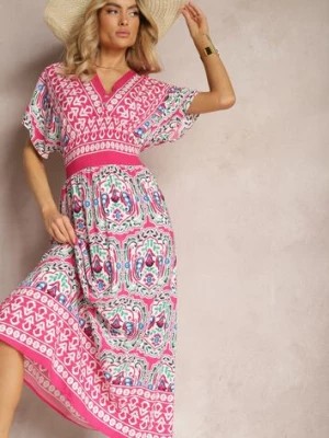 Zdjęcie produktu Fuksjowa Wiskozowa Sukienka Boho z Gumką w Pasie i Trójkątnym Dekoltem Casalina