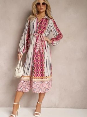 Zdjęcie produktu Fuksjowo-Beżowa Koszulowa Sukienka Wiązana w Talii Ozdobiona Abstrakcyjnym Wzorem Nilima
