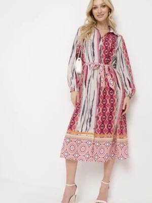 Zdjęcie produktu Fuksjowo-Beżowa Sukienka Koszulowa z Mozaikowym Wzorem i Wiązanym Paskiem Lilimea