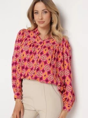 Zdjęcie produktu Fuksjowo-Pomarańczowa Koszula z Wiskozy w Mozaikowy Wzór z Bufiastymi Rękawami Tlaria