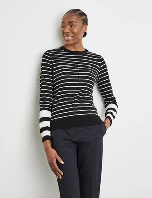 Zdjęcie produktu GERRY WEBER Damski Sweter w paski z ozdobną lamówką 60cm długie Okrągły Czarny W paski
