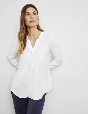 Zdjęcie produktu GERRY WEBER Damski Zwiewna bluzka z kontrafałdą 70cm długie Tunikowy dekolt Biały Jednokolorowy