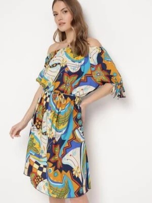 Zdjęcie produktu Granatowo-Beżowa Bawełniana Sukienka Hiszpanka w Ornamentalny Wzór z Cienkim Paskiem Dalenkia