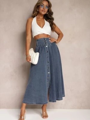 Zdjęcie produktu Granatowa Jeansowa Spódnica Maxi z Guzikami z Bawełny Rachellia