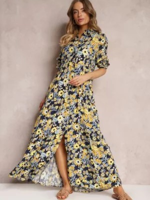Zdjęcie produktu Granatowo-Żółta Koszulowa Sukienka Maxi z Podpinanymi Rękawami w Kwiatowy Wzór c
