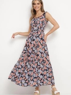 Zdjęcie produktu Granatowa Rozkloszowana Sukienka Bawełniana w Kwiatowy Print z Guzikami Jamallia