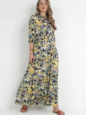 Zdjęcie produktu Granatowo-Żółta Rozkloszowana Sukienka Maxi Koszulowa w Kwiaty Moonsee