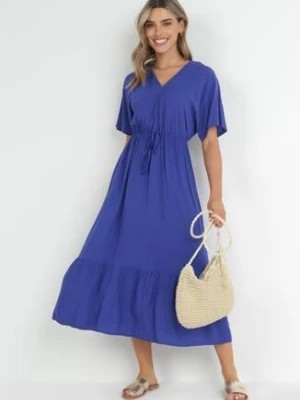 Zdjęcie produktu Granatowa Rozkloszowana Sukienka Maxi z Gumką i Sznurkiem w Talii z Wiskozy Baneta