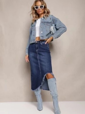Zdjęcie produktu Granatowa Spódnica Jeansowa Midi z Wystrzępionym Rozcięciem Catreena