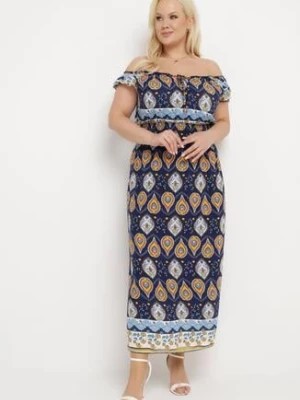 Zdjęcie produktu Granatowa Sukienka Bawełniana z Gumką w Talii i Mozaikowym Wzorem Vestra