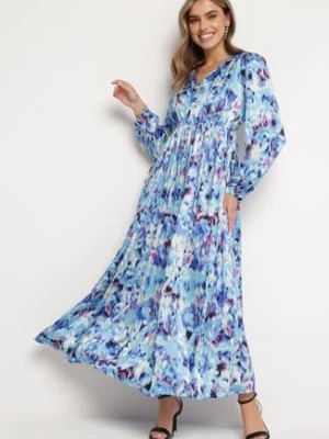 Zdjęcie produktu Granatowa Sukienka Maxi z Satynowej Tkaniny w Abstrakcyjny Wzór Wirla