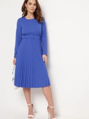 Zdjęcie produktu Granatowa Sukienka Midi z Plisowaną Spódnicą i Paskiem Ondinetta