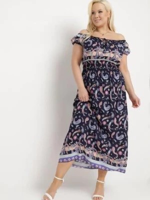 Zdjęcie produktu Granatowa Sukienka na Lato Bawełniana Hiszpanka z Wzorem Paisley i Gumką w Pasie Vediana