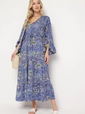 Zdjęcie produktu Granatowa Sukienka Rozkloszowana w Kwiatowy Wzór Ozdobiona Falbankami Anavela