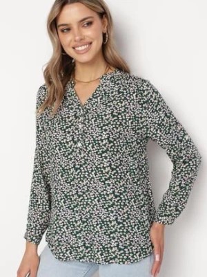 Zdjęcie produktu Zielono-Biała Wiskozowa Bluzka z Asymetrycznym Dołem i Guziczkami Nolvira