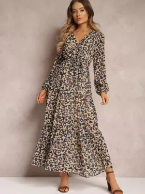 Zdjęcie produktu Granatowo-Beżowa Sukienka z Kopertowym Dekoltem w Cętki Irdra