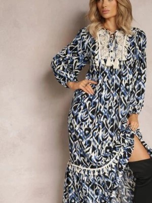 Zdjęcie produktu Granatowo-Niebieska Sukienka Rozkloszowana Maxi z Falbanką Maruerilla